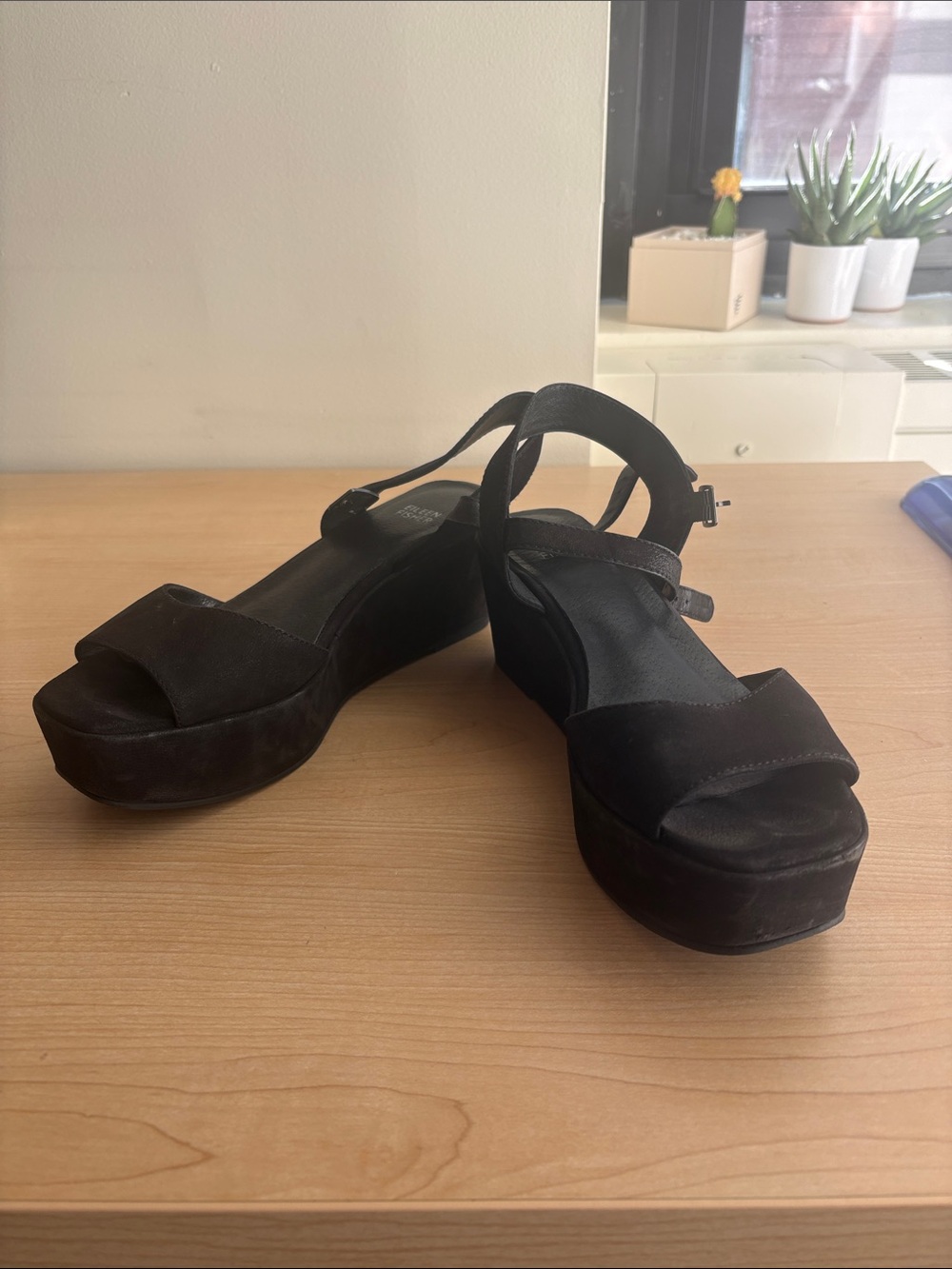 Eileen Fisher Black Platform Leather Sandal with Ankle Strap size 8